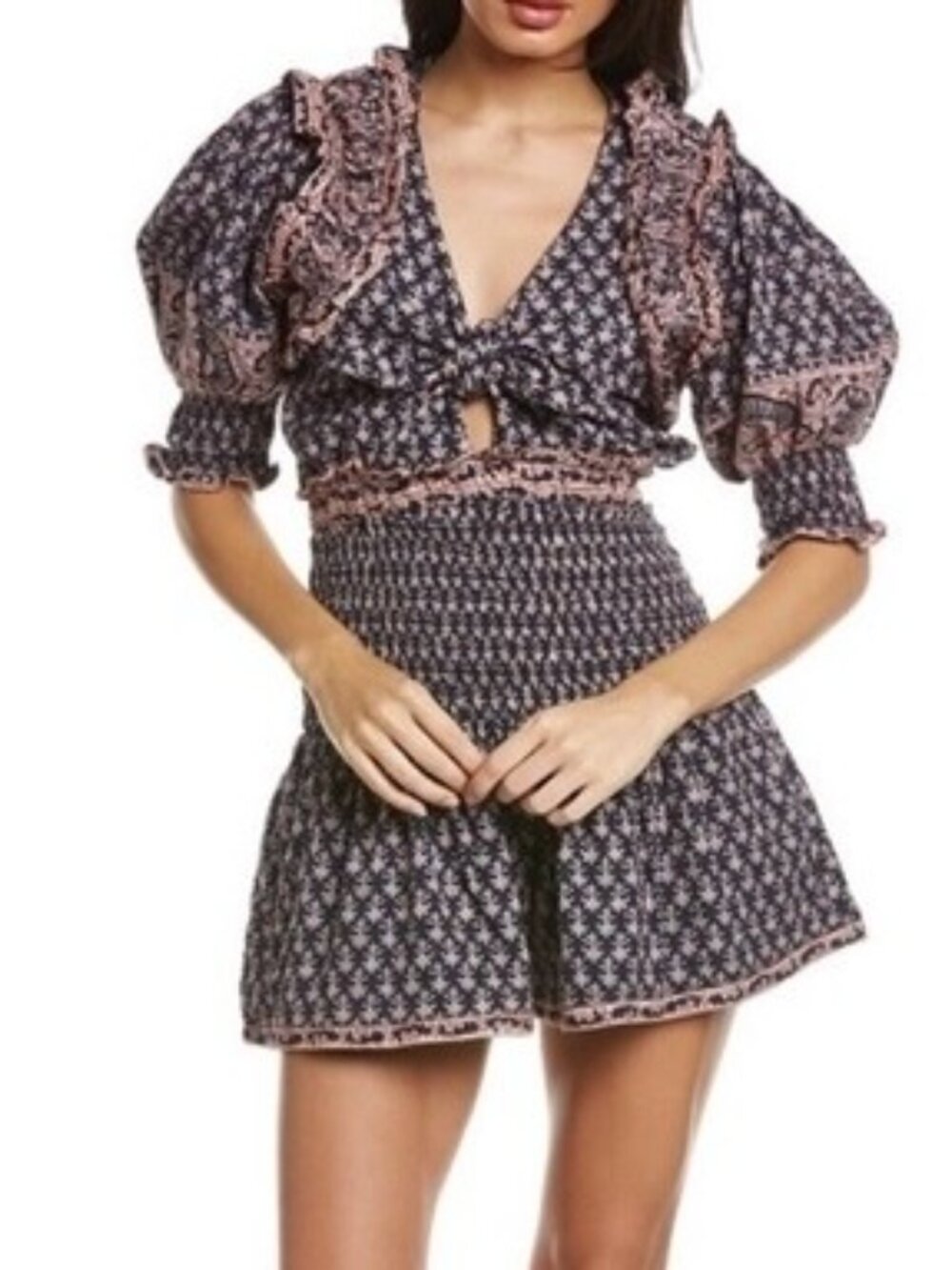 Sea New York Jasper Floral Print Blue Pink Smocked Romper Playsuit US 6